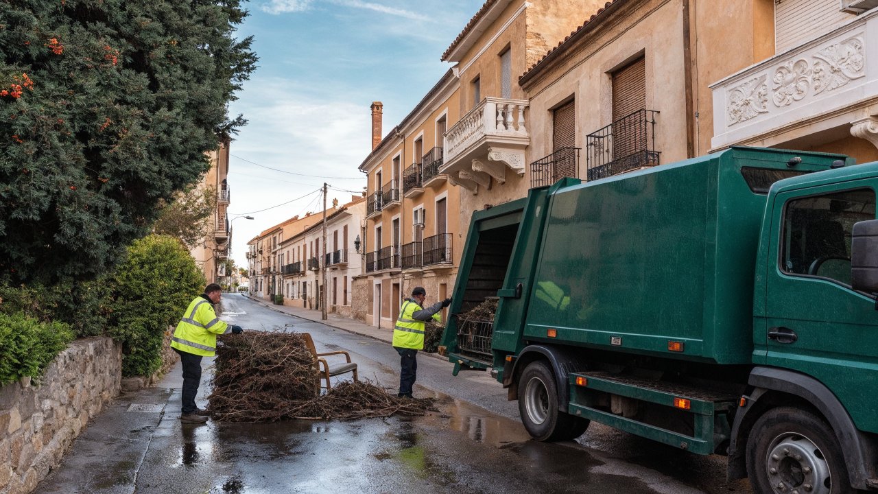 Operarios de un servicio municipal cargan restos de poda y un mueble dejados ordenadamente junto a un camión de recogida en una calle residencial