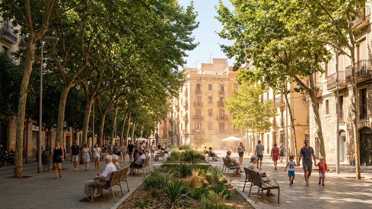 Bulevar arbolado en una ciudad mediterránea en verano; los árboles dan sombra a las personas que pasean mientras al fondo las fachadas quedan al sol