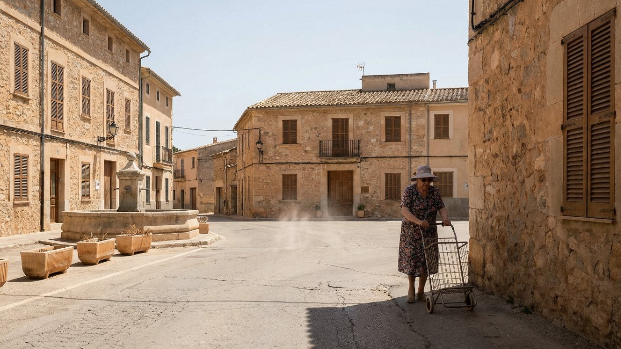 Una persona mayor camina con su carro de la compra por una plaza vacía de un pueblo mediterráneo bajo el sol de mediodía durante una ola de calor